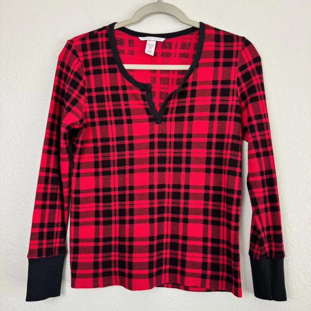 Victoria Secret Red Black Plaid Thermal Pajama Set Henley Jogger S